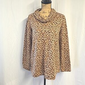 J Jill Womens sz L Sweater Turtle Neck Brown Leopard Cozy Soft Chic Long Sleeve
